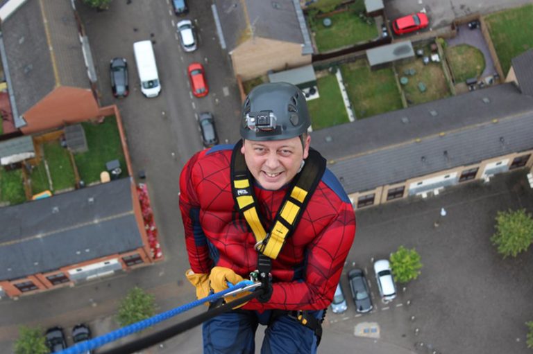 Father Robbie abseiled the National Lift Tower to help our suffering brothers and sisters in Syria! Father Robbie raised over £5,000 abseiling the 418 foot tower dressed as Spider-man in support of ACN.