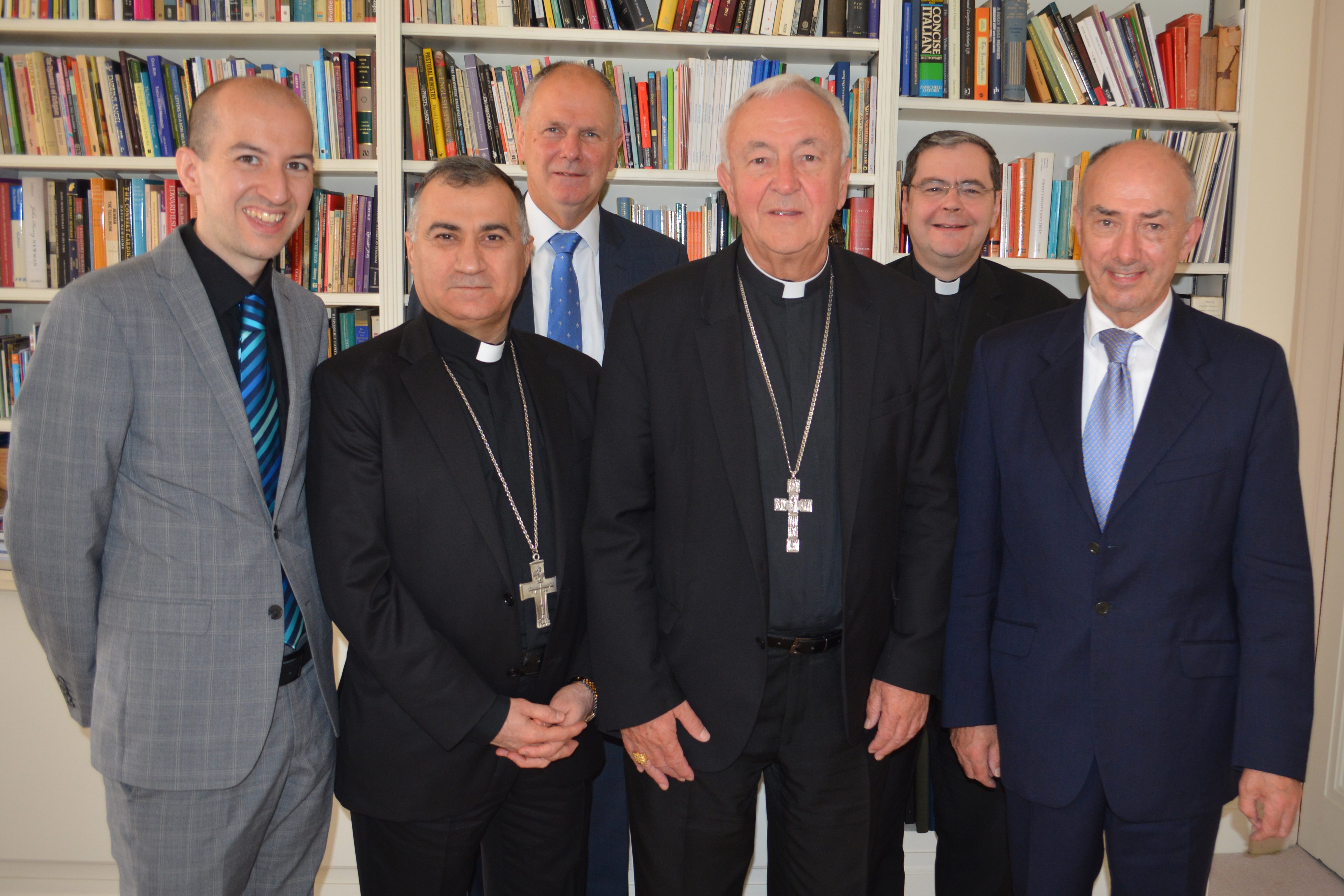 Picture shows (left to right): Liam Allmark, Head of Public Affairs, Catholic Bishops’ Conference of England & Wales; Chaldean Catholic Archbishop Bashar Warda of Erbil, Iraq; Neville Kyrke-Smith, National Director, Aid to the Church in Need (UK); Cardinal Vincent Nichols, Archbishop of Westminster; Father Dominic Robinson SJ, Ecclesiastical Assistant, Aid to the Church in Need (UK); John Neill, Assistant to Archbishop Warda