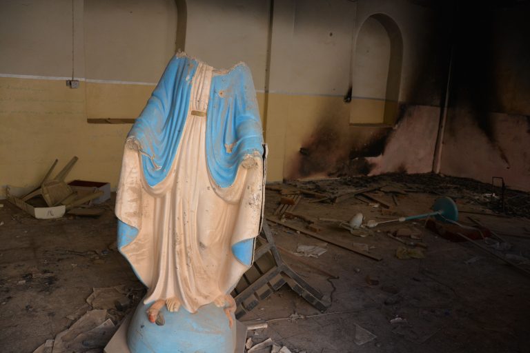Decapitated statue of Our Lady from Mar Qeryaqos Church, Batnaya, in northern Iraq’s Nineveh Plains.