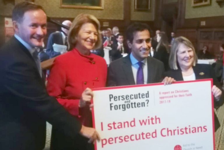 With file picture of Fiona Bruce (right), appointed Prime Minister’s Special Envoy for Freedom of Religion or Belief, standing next to her predecessor, Rehman Chishti MP, at last year’s Parliamentary launch of Aid to the Church in Need (ACN) (UK)’s ‘Persecuted and Forgotten? A Report on Christians oppressed for their Faith Only small file quality available