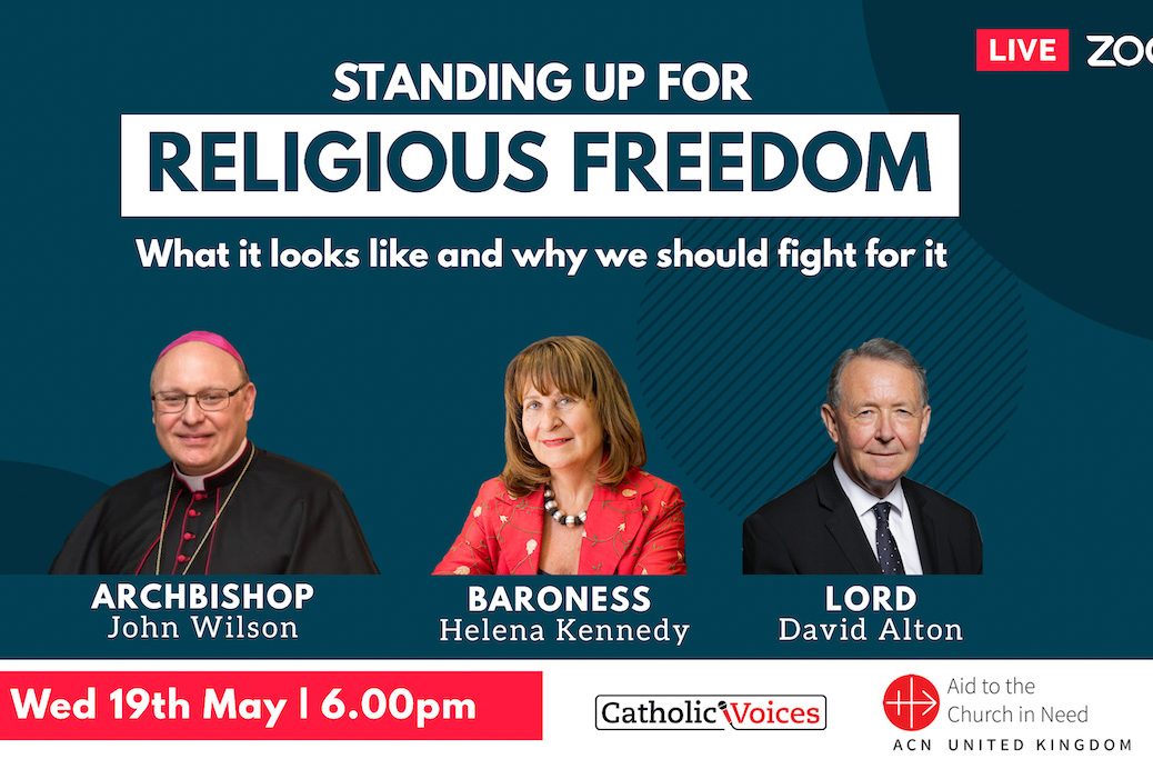 With image of poster for “Standing up for religious freedom” webinar (© Catholic Voices)