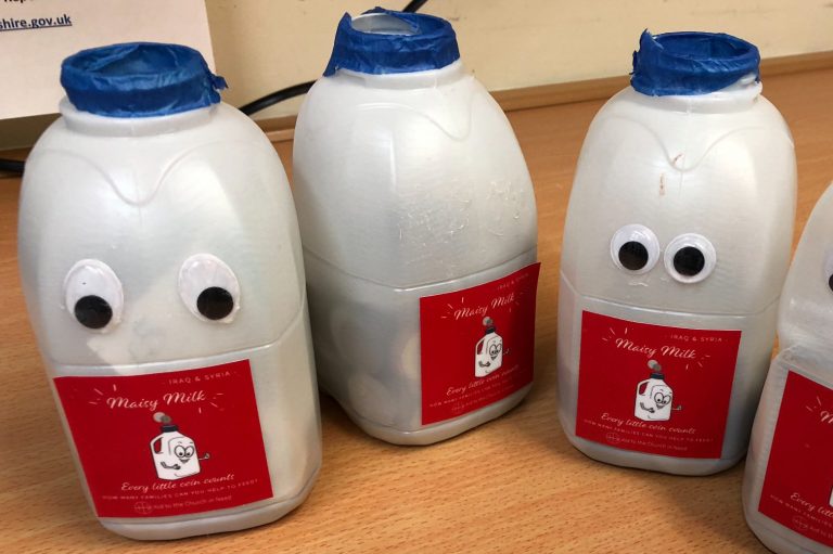Milk cartons decorated by St Louise Primary School, East Kilbride (© St Louise Primary School).
