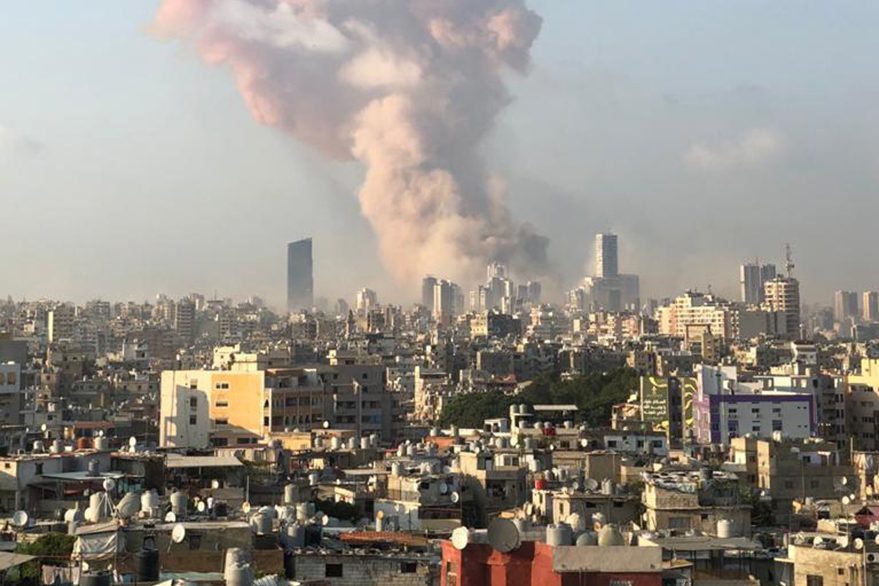 With image of Beirut explosion (Credit: Father Samer Nassif)