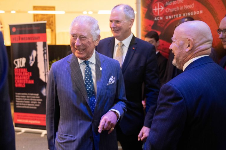 HRH The Prince of Wales, Neville Kyrke-Smith, Aid to the Church in Need (UK) National Director, and Mervyn Thomas, Chair of the UK FoRB Forum (Image: HTB)
