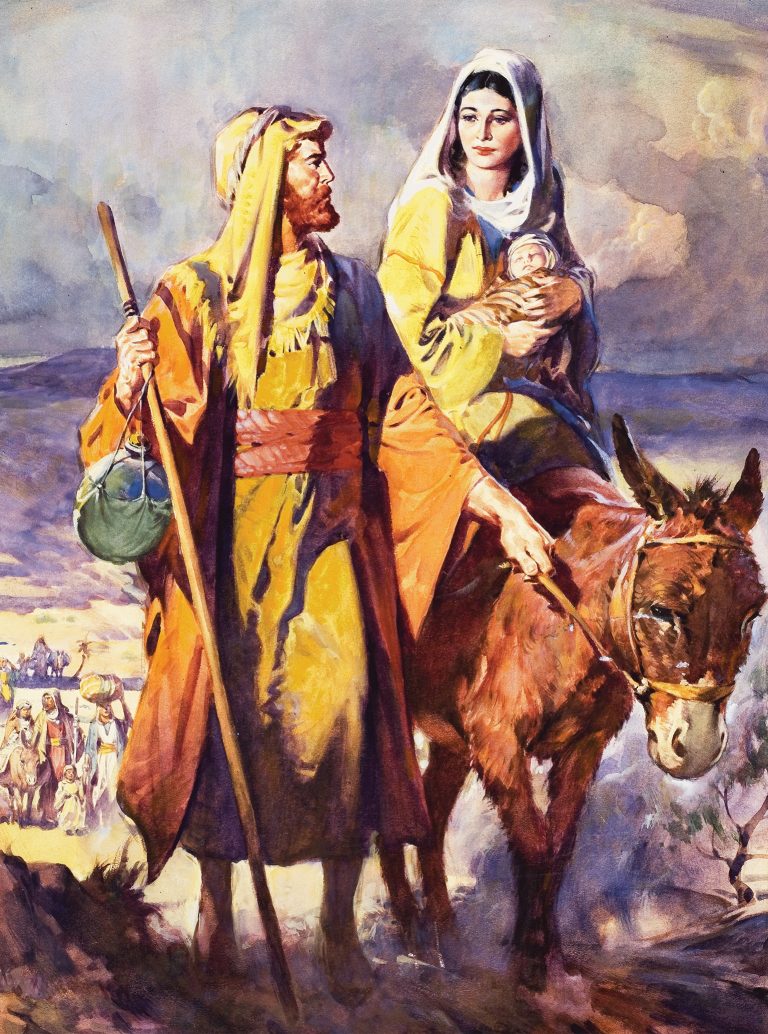 LAL313227 The Flight into Egypt by McConnell, James Edwin (1903-95); Private Collection; (add.info.: The Flight into Egypt. Original artwork for cover of The Bible Story no 6.); © Look and Learn.