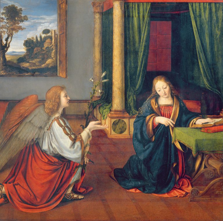 XIR223252 The Annunciation, 1506 (oil on panel) by Solario, Andrea (c.1466-1524); 76x78 cm; Louvre, Paris, France.