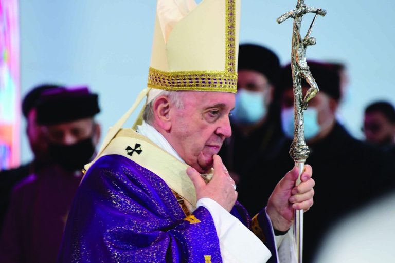 Pope Francis celebrating Mass at Franso Hariri Stadium in Erbil, Iraq in 2021.