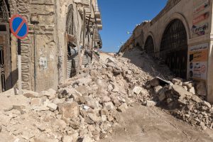 The destruction after the earthquake outside of the Maronite Cathedral in Aleppo
