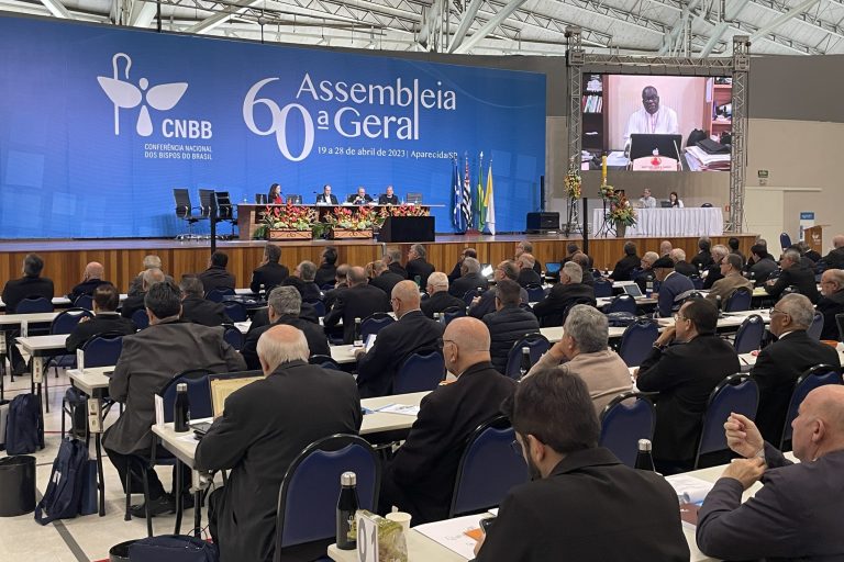 Bishop John Bogna Bakeni speaking in a video message at the Conference of Brazilian Bishops.