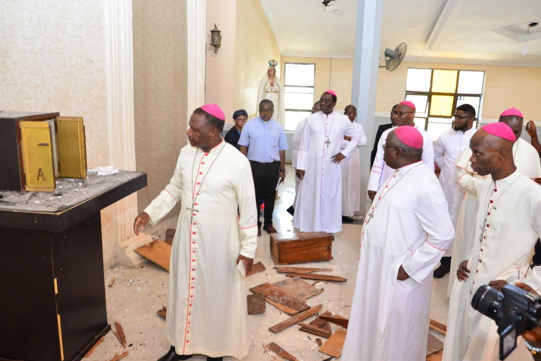 A group of bishops visit St Francis Catholic Xavier's Church after the terrorist attack. Bishop Jude Arogundade on the left.