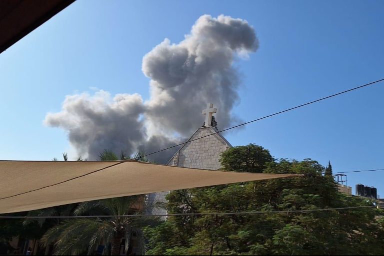 Explosions around the Holy Family Church in Gaza.