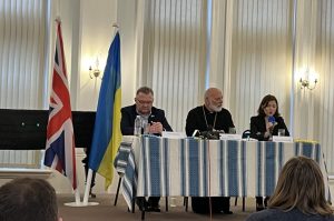 Petro Rewko, chair of the Association of Ukrainians in Great Britain, Bishop Kenneth Nowakowski and Olesya Khromeychuk, director of the Ukrainian Institute of London speaking at a press conference.