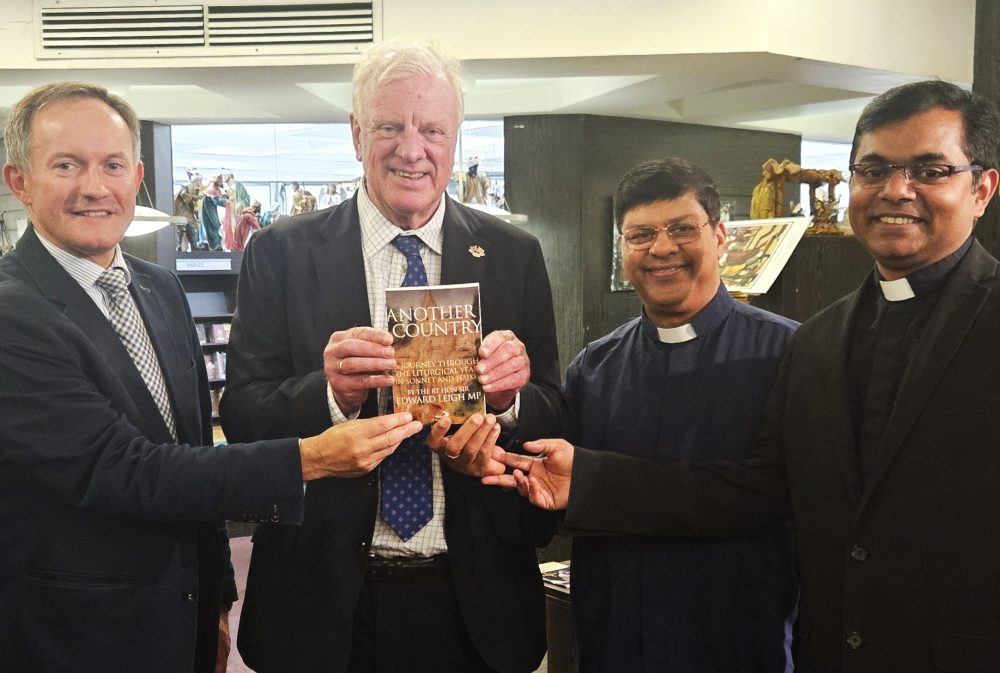 Left to right: John Pontifex of ACN, ‘Another Country’ author Sir Edward Leigh MP, Father John Gilbert, Editor of St Paul Publishing, UK, and Father Shinto Joseph, Administrator, St Paul’s Bookshops UK.