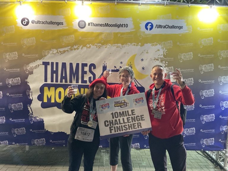 Dr Caroline Hull, Nathalie Raffray and John Pontifex at the challenge end.
