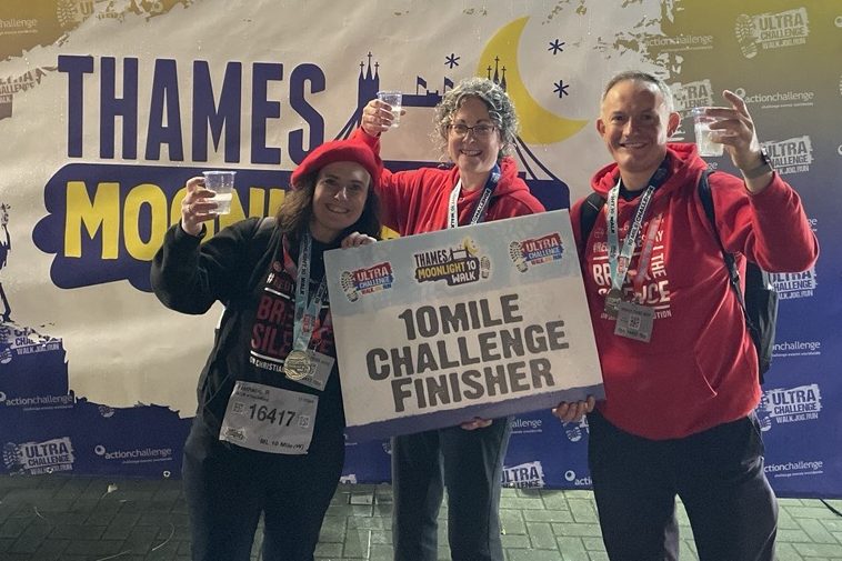 Dr Caroline Hull, Nathalie Raffray and John Pontifex at the challenge end.